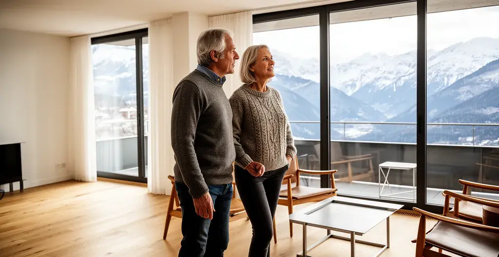 Couple visitant un appartement lumineux avec vue sur les Alpes suisses