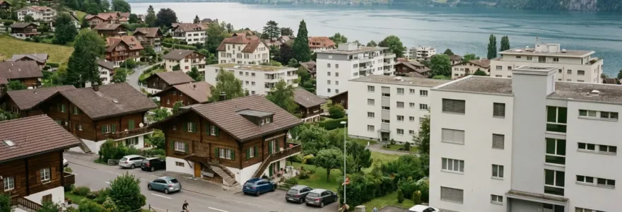 Quartier résidentiel suisse avec chalets et immeubles modernes au bord d'un lac