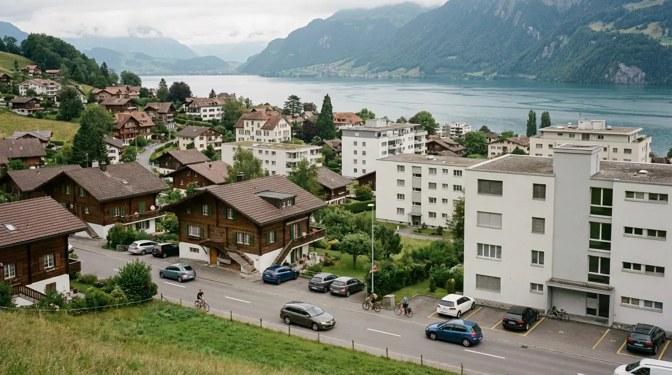 Quartier résidentiel suisse avec chalets et immeubles modernes au bord d'un lac