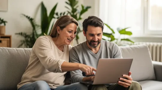 Couple trentenaire consultant ensemble un simulateur de crédit immobilier sur ordinateur portable