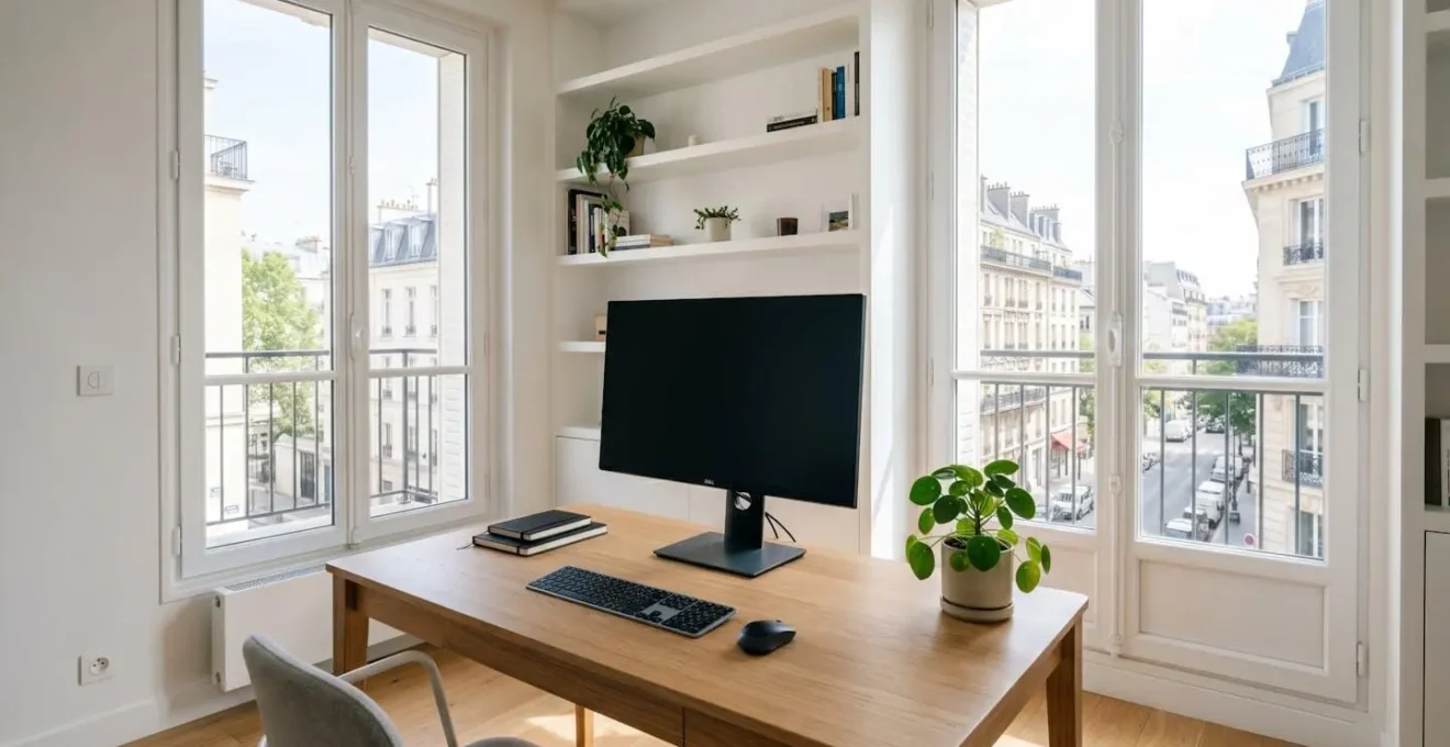 Bureau moderne épuré avec grand écran d'ordinateur éteint, plante verte et lumière naturelle abondante dans un intérieur français contemporain