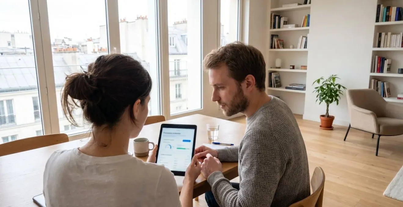 Un couple de trentenaires assis côte à côte sur un canapé contemporain, regard concentré vers une tablette posée sur leurs genoux dans un intérieur lumineux