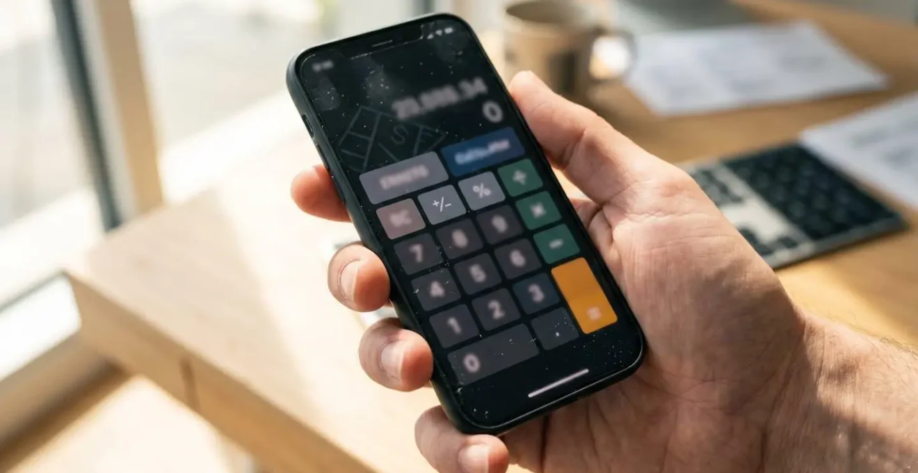 Gros plan d'une main tenant un smartphone affichant une interface de calcul financier sur un bureau moderne avec clavier et carnet