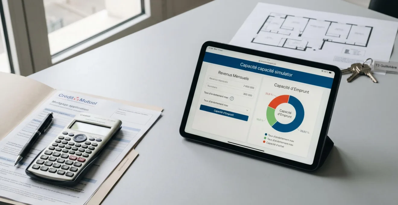 Bureau d'agence immobilière avec calculatrice financière, dossier de prêt et tablette affichant un simulateur de capacité d'emprunt en français