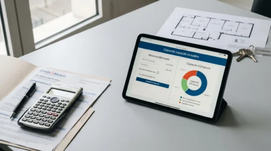 Bureau d'agence immobilière avec calculatrice financière, dossier de prêt et tablette affichant un simulateur de capacité d'emprunt en français