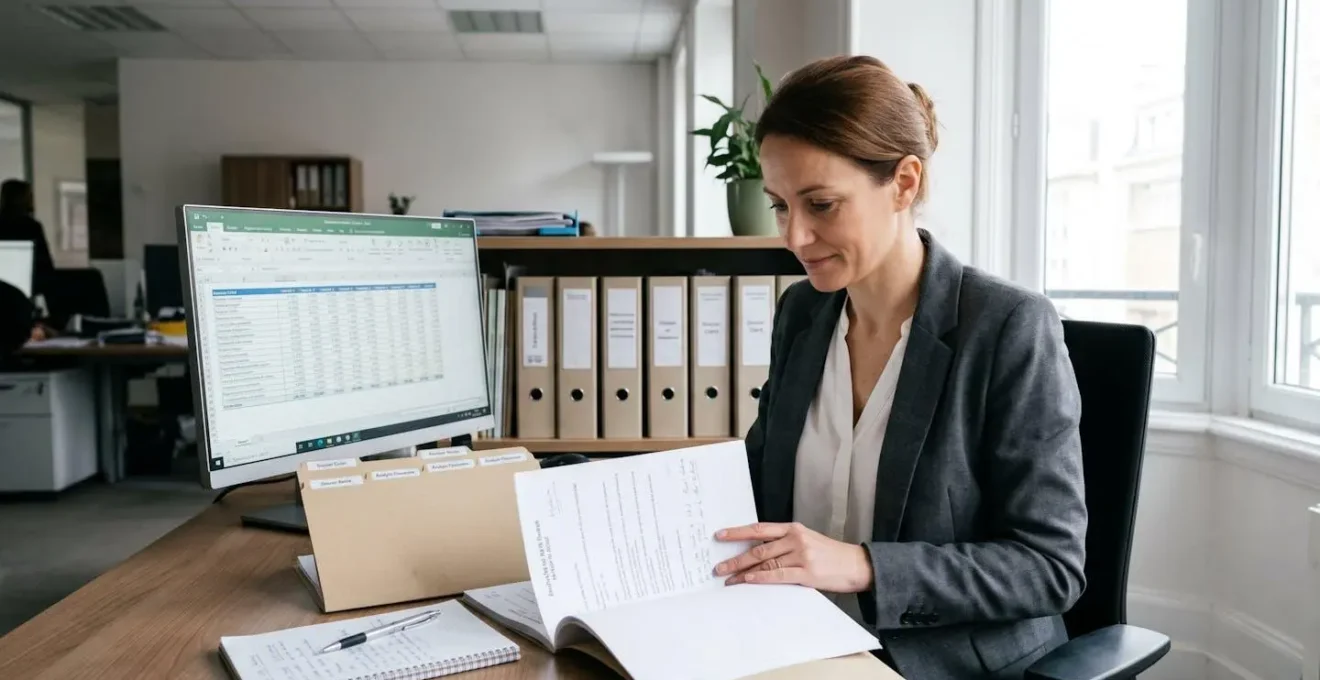 Conseillère bancaire analysant un dossier de demande de prêt immobilier dans son bureau d'agence