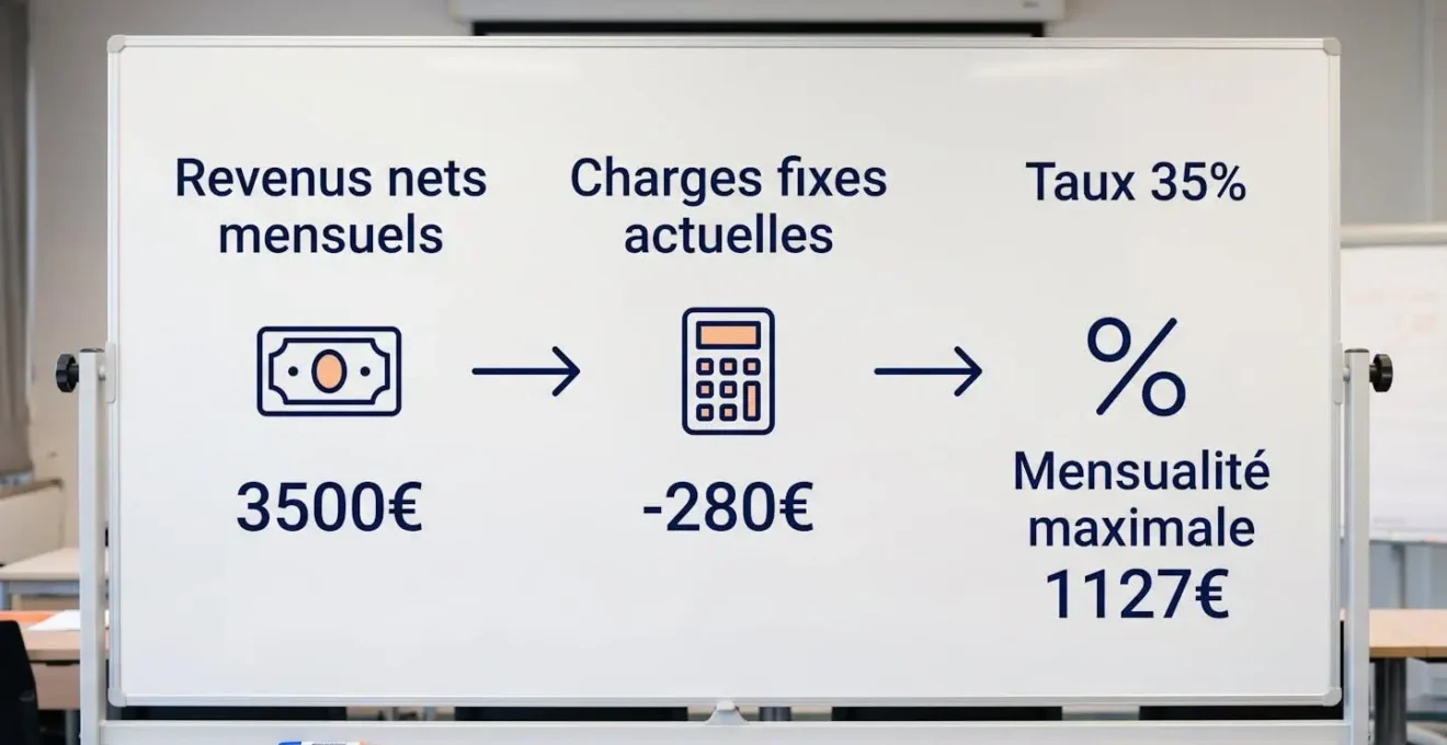 Tableau blanc montrant les trois composantes du calcul de capacité d'emprunt : revenus nets mensuels, charges fixes et application du taux de 35%