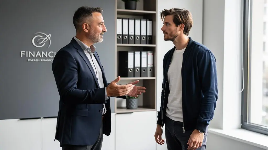 Conseiller en gestion de patrimoine discutant d'une stratégie d'épargne retraite avec un client dans un bureau moderne