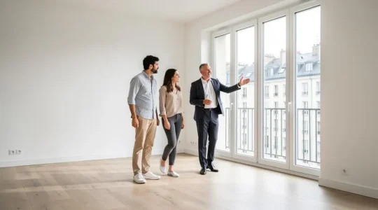 Couple visitant un appartement à vendre avec un agent immobilier dans un intérieur français moderne et lumineux