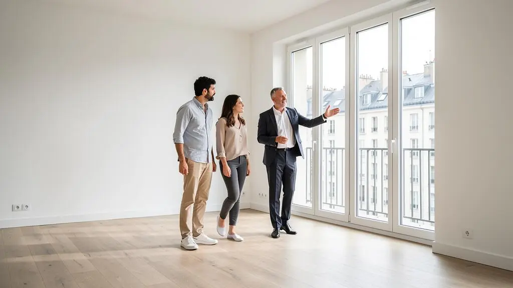 Couple visitant un appartement à vendre avec un agent immobilier dans un intérieur français moderne et lumineux
