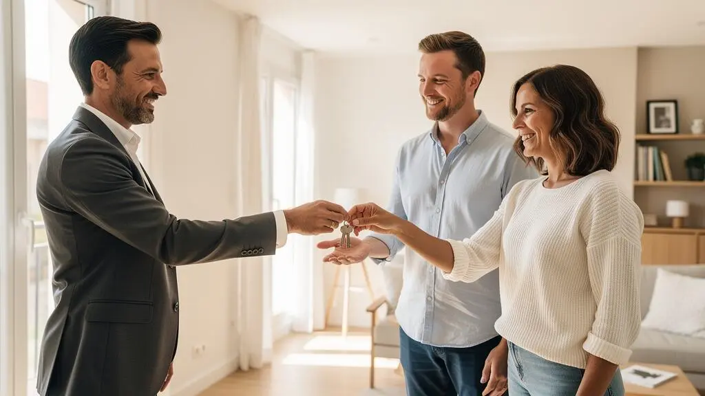 Agent immobilier remettant les clés d'un appartement aux nouveaux propriétaires