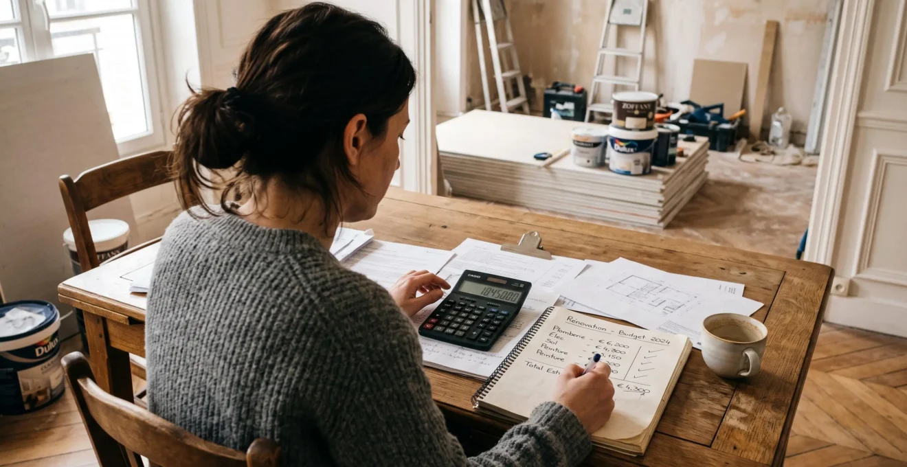 Une personne calcule un budget de travaux sur papier avec une calculatrice.
