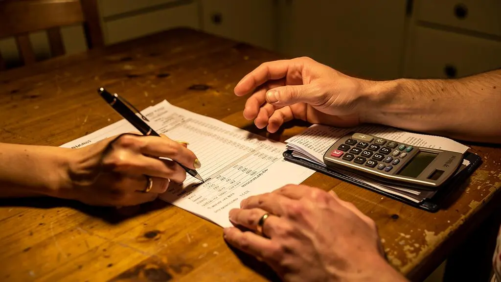 Deux personnes calculent des montants sur une table avec une calculatrice.
