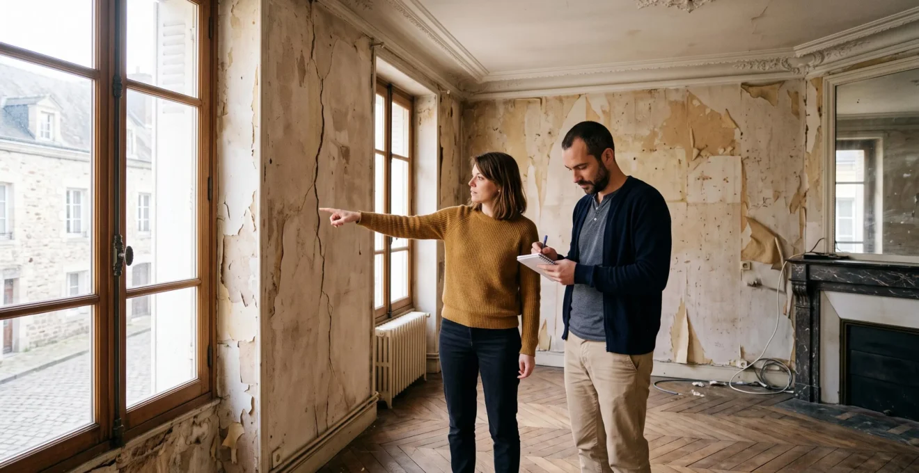 Un couple inspecte un appartement ancien à rénover avec murs dénudés à Saint-Germain-en-Laye.