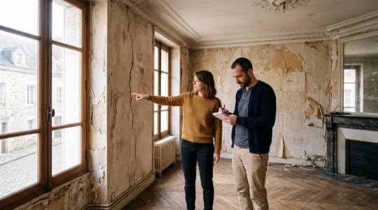 Un couple inspecte un appartement ancien à rénover avec murs dénudés à Saint-Germain-en-Laye.
