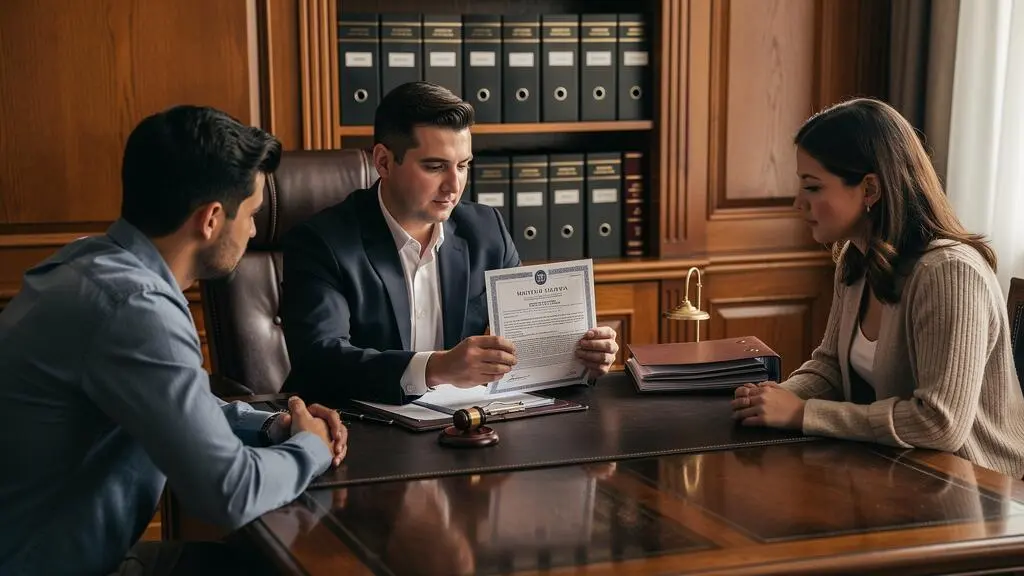 Un notaire explique un document de propriété à un couple.
